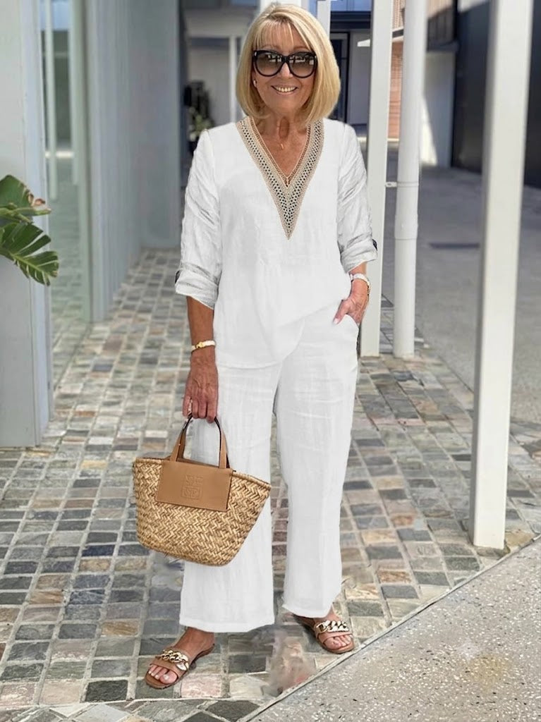 Women's V-Neck Top & Wide-Leg Pants