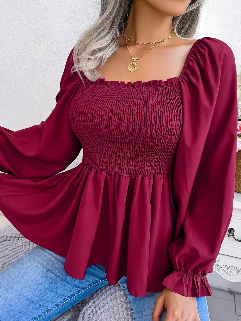 Casual Solid Color Square Neck Flared Sleeve Ruffle Hem