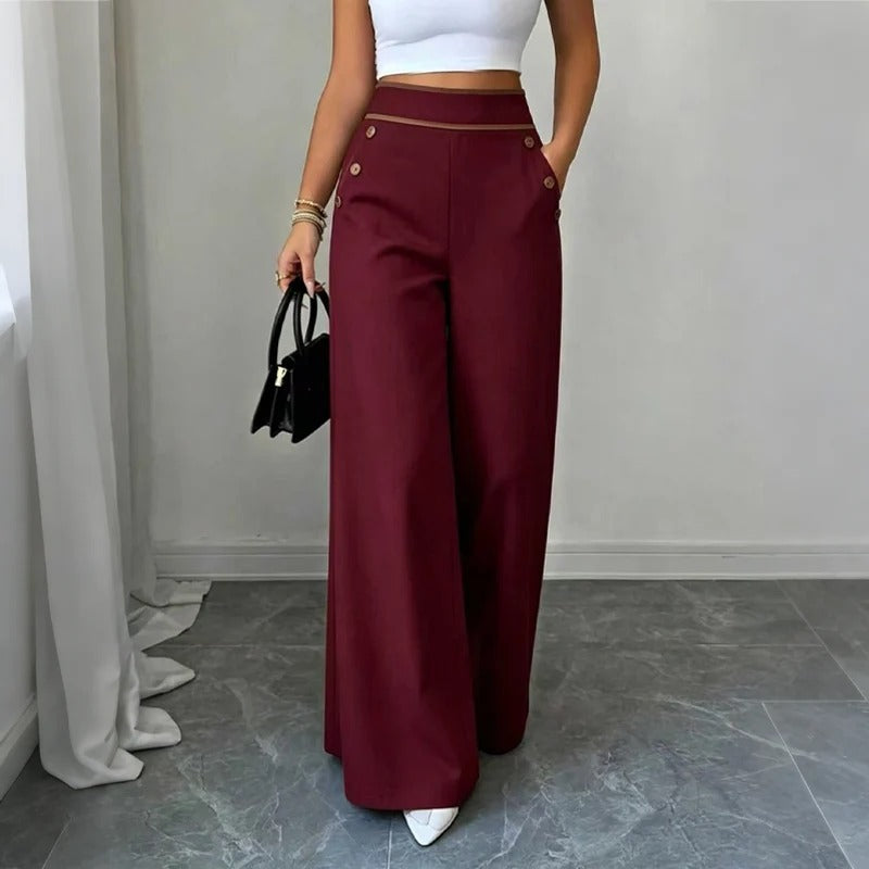 Contrast-Trim Wide-Leg Pants – legant Drape & Flattering High-Rise