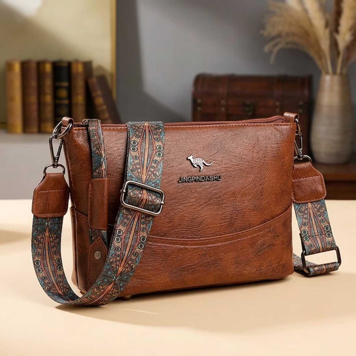 Vintage-Style Shoulder Bag with Bohemian Painted Strap and Hardware Accents