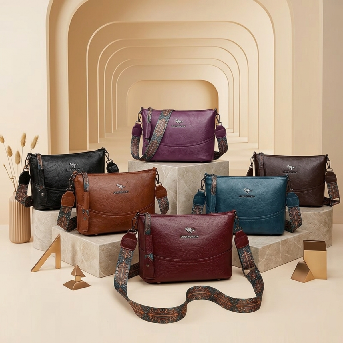 Vintage-Style Shoulder Bag with Bohemian Painted Strap and Hardware Accents
