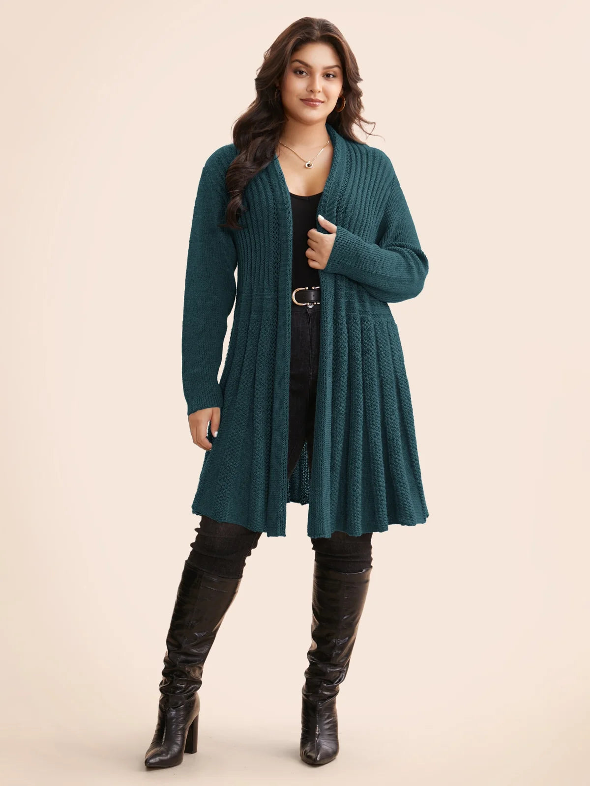 Textured Kimono Collar Long Cardigan
