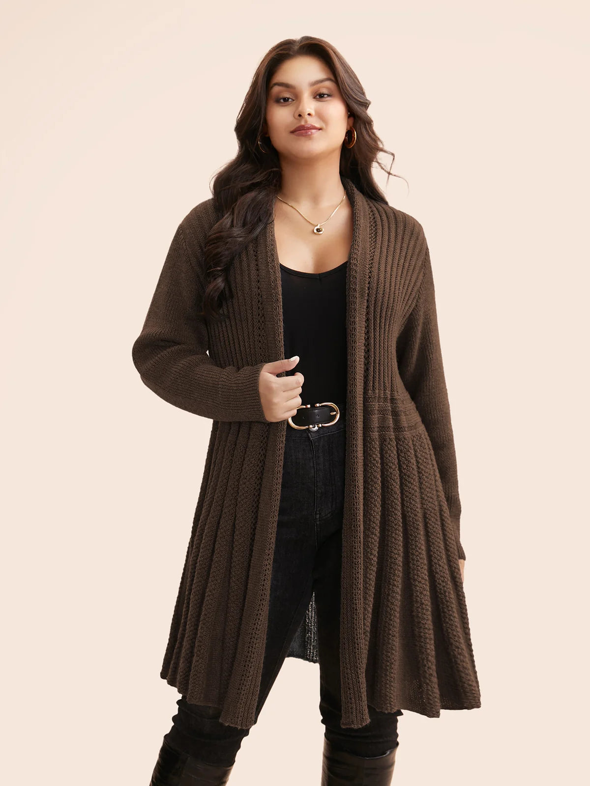 Textured Kimono Collar Long Cardigan