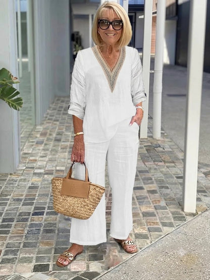 Women's V-Neck Top & Wide-Leg Pants