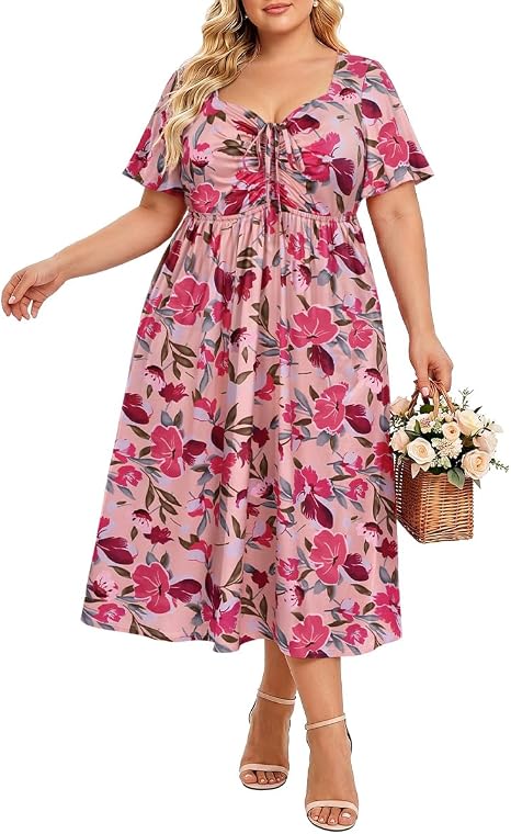 Plus Size Dresses for Curvy Women Collared Vneck Midi Summer Ruffle Dress with Pocket