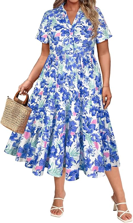 Plus Size Dresses for Curvy Women Collared Vneck Midi Summer Ruffle Dress with Pocket