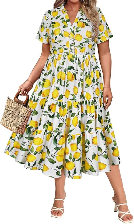 Plus Size Dresses for Curvy Women Collared Vneck Midi Summer Ruffle Dress with Pocket