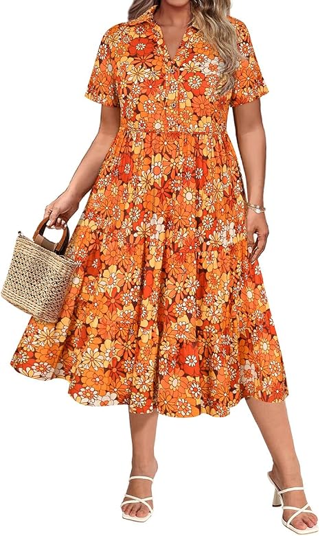 Plus Size Dresses for Curvy Women Collared Vneck Midi Summer Ruffle Dress with Pocket