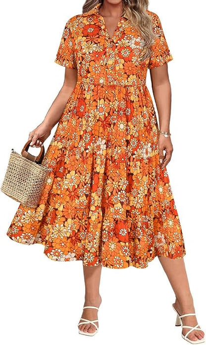 Plus Size Dresses for Curvy Women Collared Vneck Midi Summer Ruffle Dress with Pocket