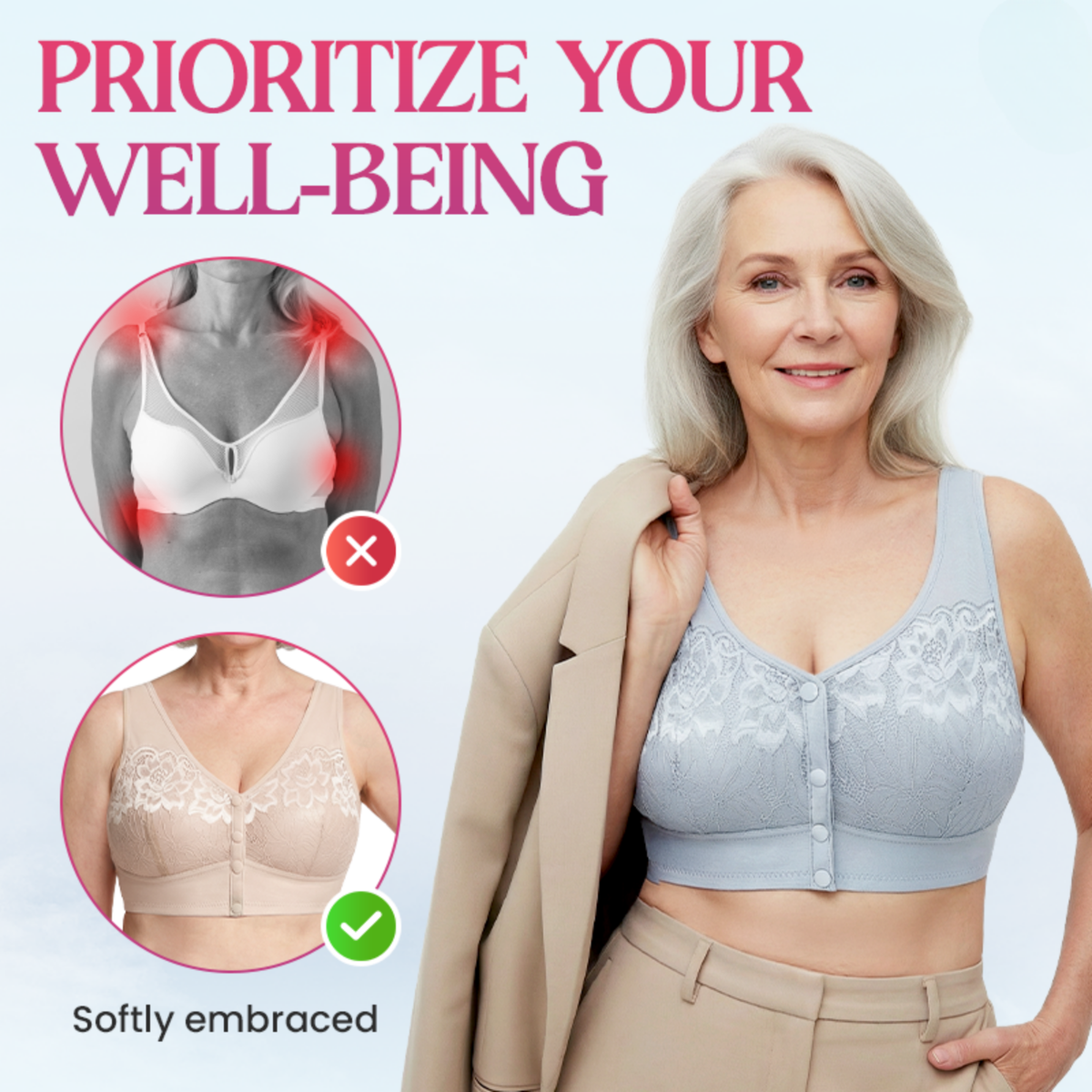 Front Closure Breathable Cotton Lifting Bra for Seniors