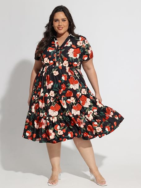 Plus Size Dresses for Curvy Women Collared Vneck Midi Summer Ruffle Dress with Pocket