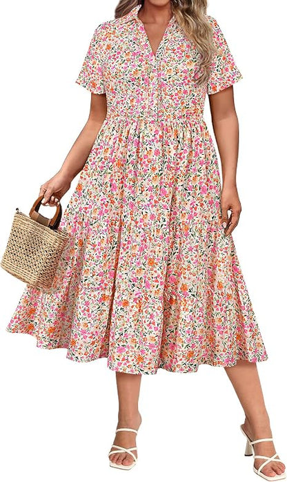Plus Size Dresses for Curvy Women Collared Vneck Midi Summer Ruffle Dress with Pocket