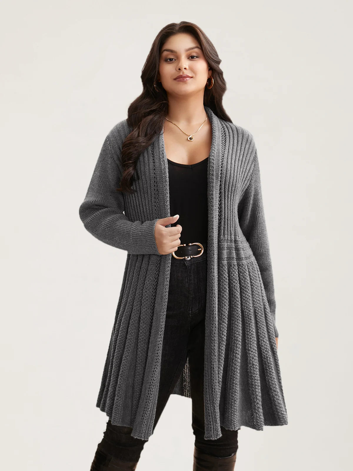 Textured Kimono Collar Long Cardigan