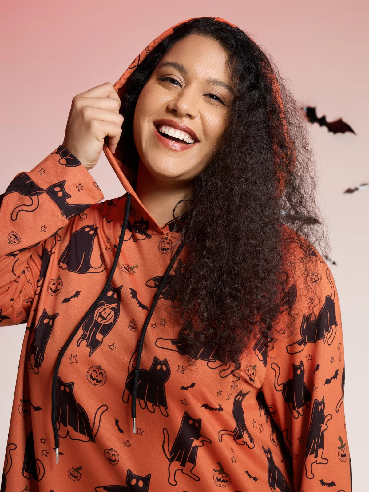 Pumpkin Cat Print Hooded Midi Lounge Dress