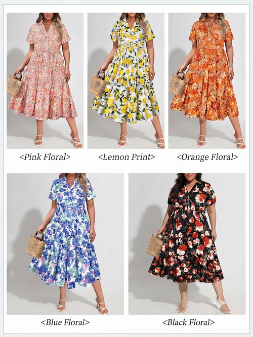 Plus Size Dresses for Curvy Women Collared Vneck Midi Summer Ruffle Dress with Pocket