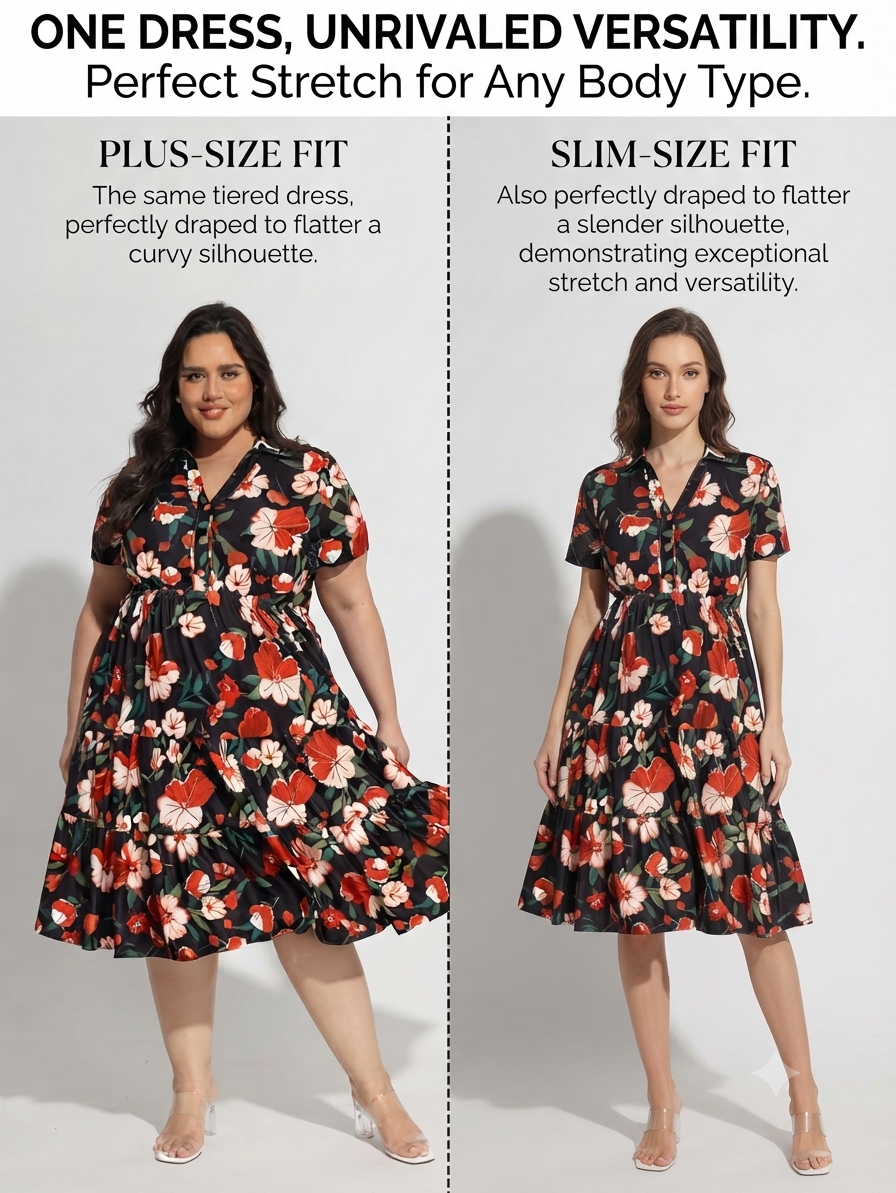 Plus Size Dresses for Curvy Women Collared Vneck Midi Summer Ruffle Dress with Pocket