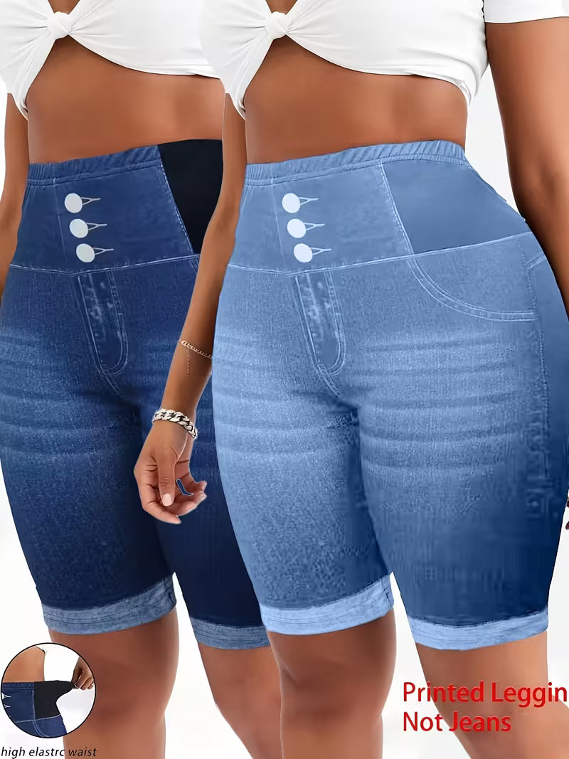 Women's Plus-Size Printed High-Waisted Shorts - 2-Pack (Summer Casual, Elastic Fit)
