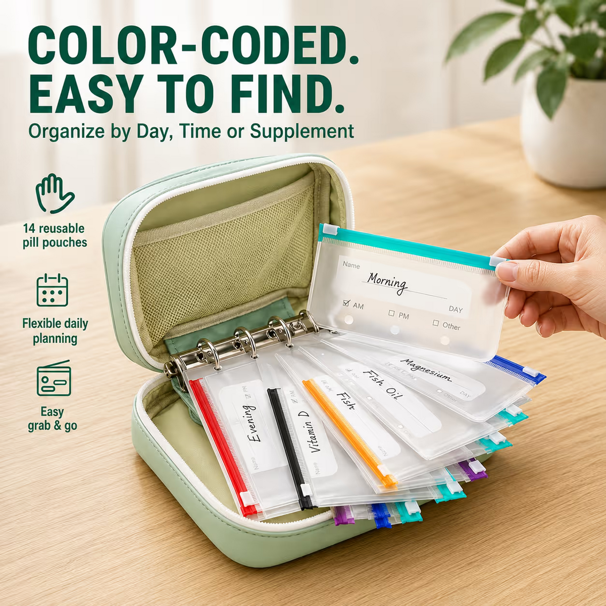 ✨2‑Week Pill Organizer Binder Case | 14 Reusable Color‑Coded Pill Pouch💊