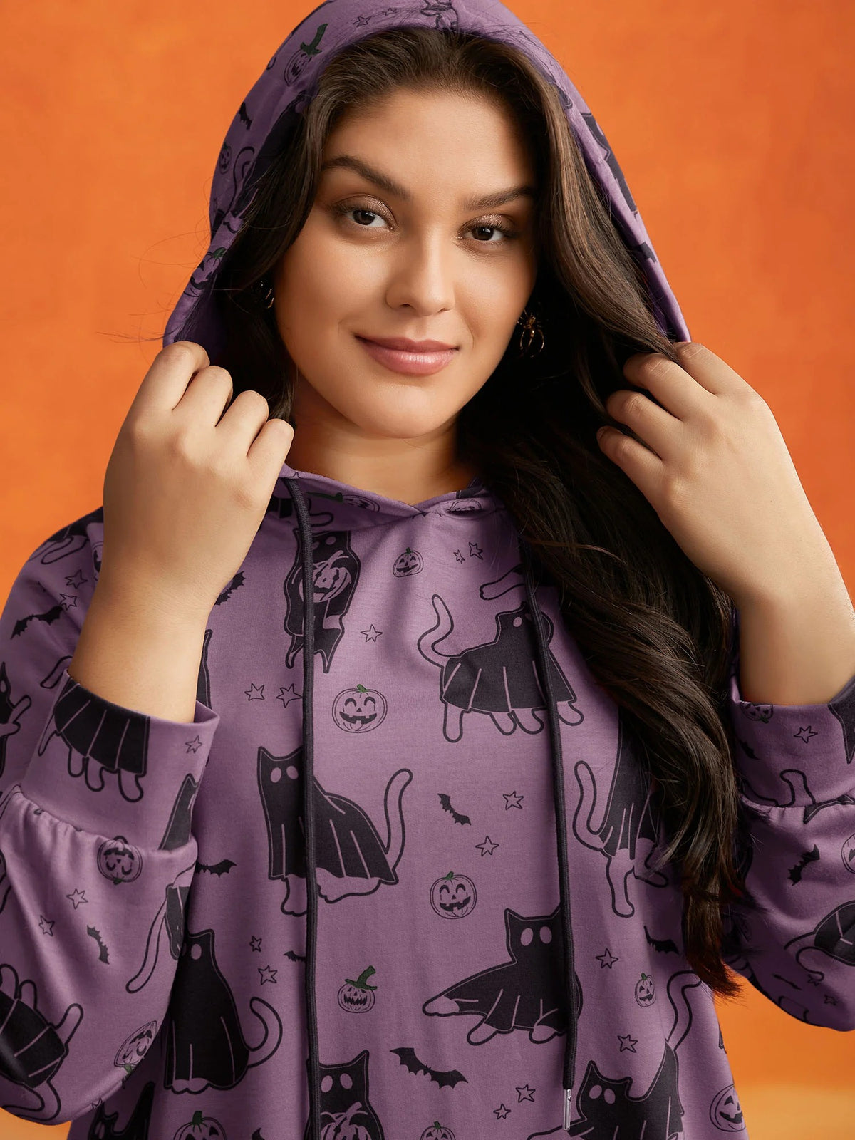 Pumpkin Cat Print Hooded Midi Lounge Dress