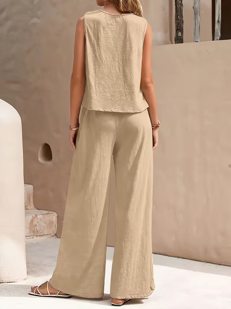 Women 2pcs Lounge Set, Crew Neck Sleeveless Tank Top Wide Leg Pants