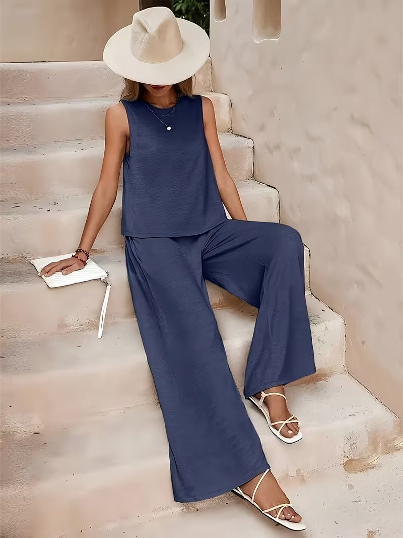 Women 2pcs Lounge Set, Crew Neck Sleeveless Tank Top Wide Leg Pants