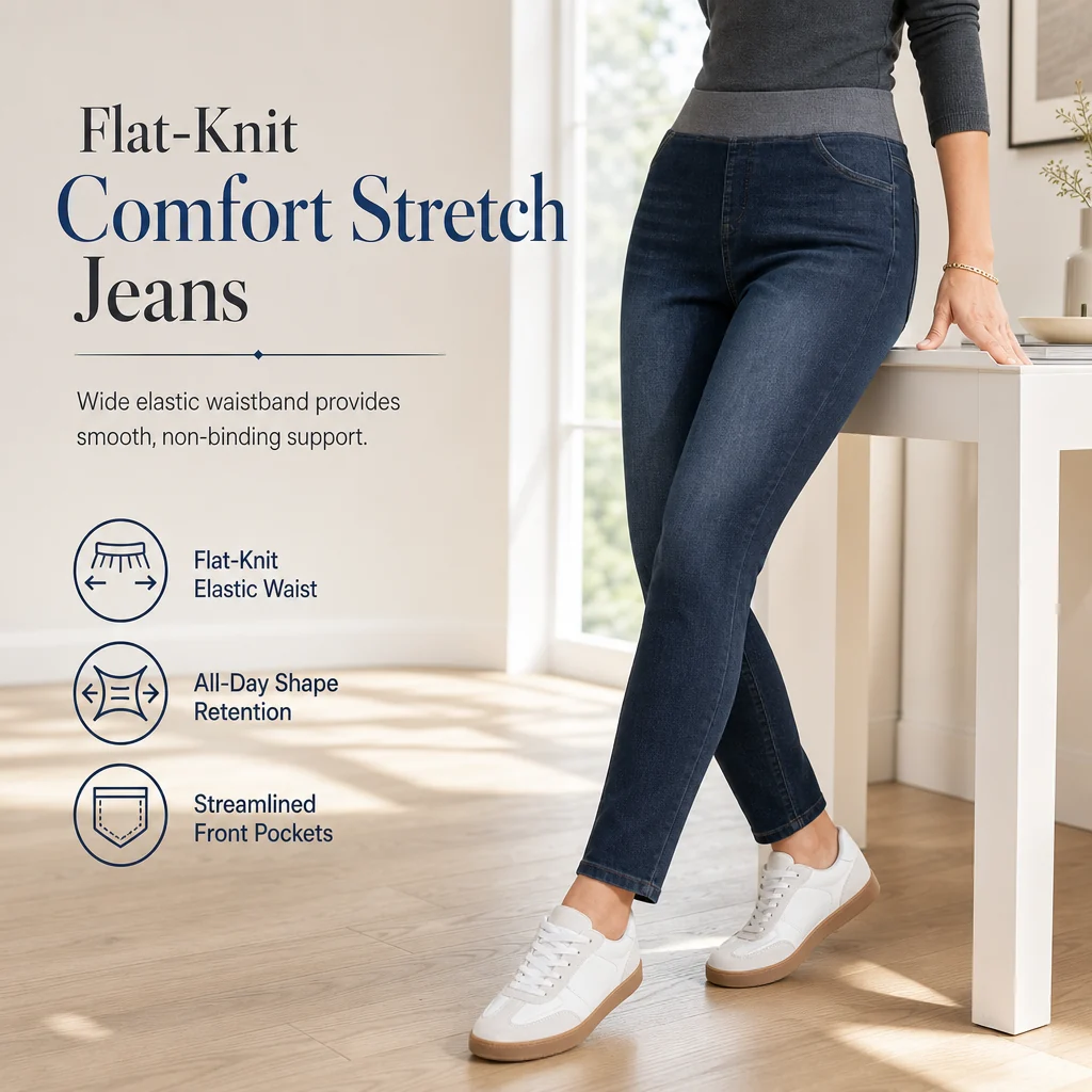 🤠Women's high-waisted jeans, stretchy, slim fit, dark blue, with wide elastic waistband