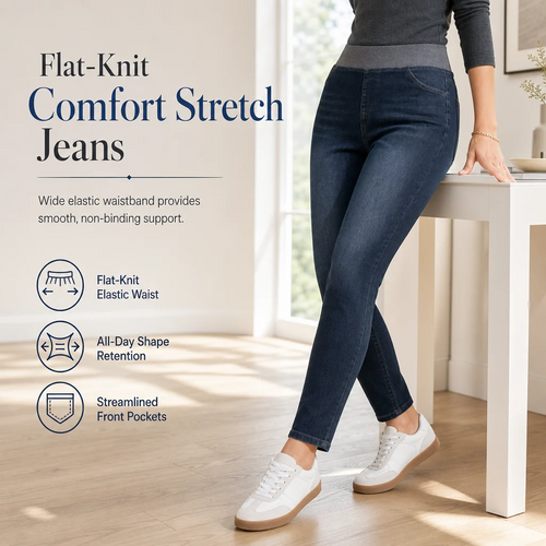 🤠Women's high-waisted jeans, stretchy, slim fit, dark blue, with wide elastic waistband