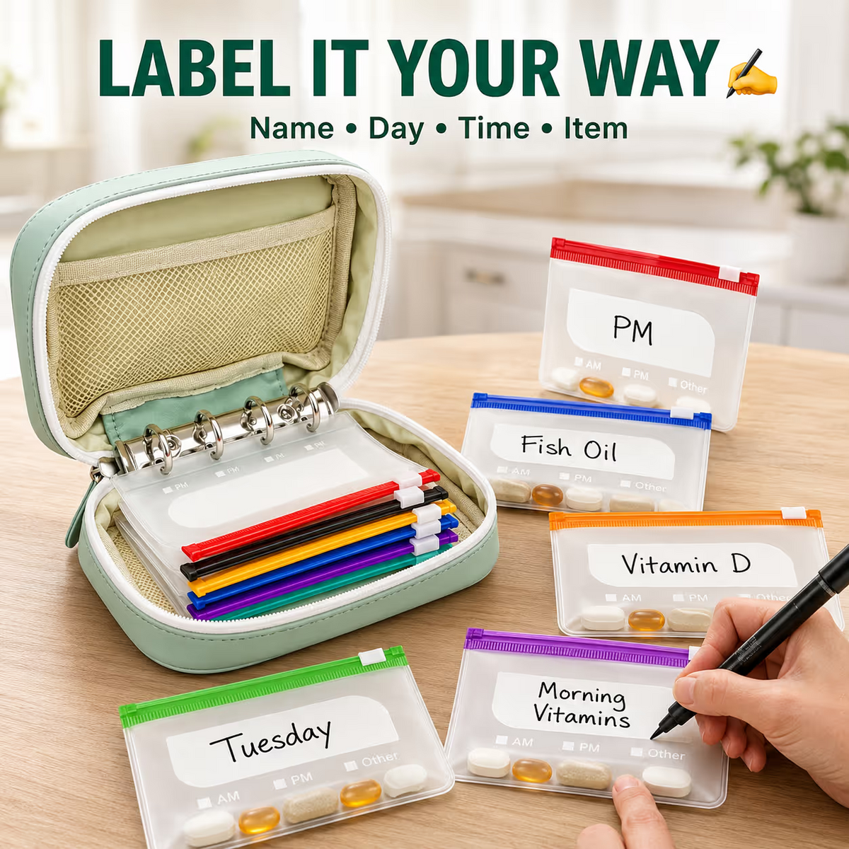 ✨2‑Week Pill Organizer Binder Case | 14 Reusable Color‑Coded Pill Pouch💊