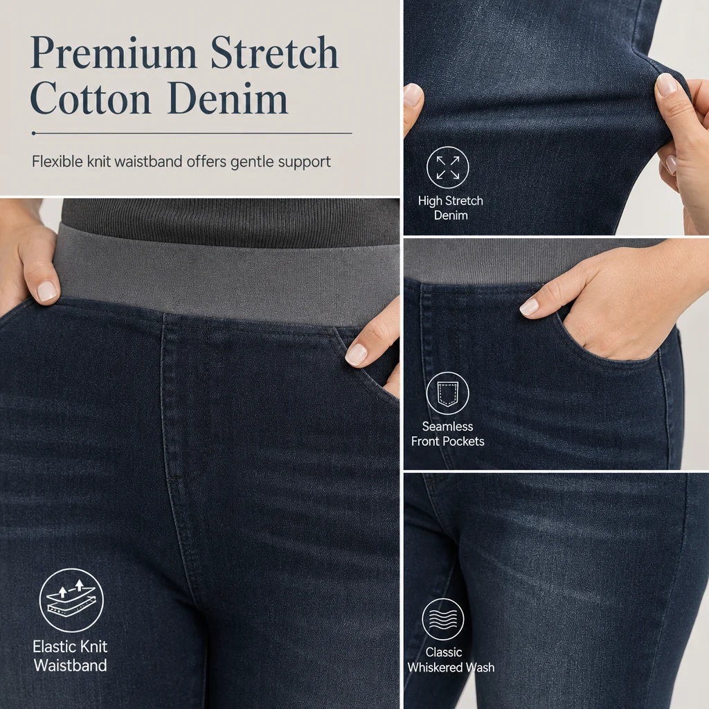 🤠Women's high-waisted jeans, stretchy, slim fit, dark blue, with wide elastic waistband