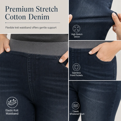 🤠Women's high-waisted jeans, stretchy, slim fit, dark blue, with wide elastic waistband