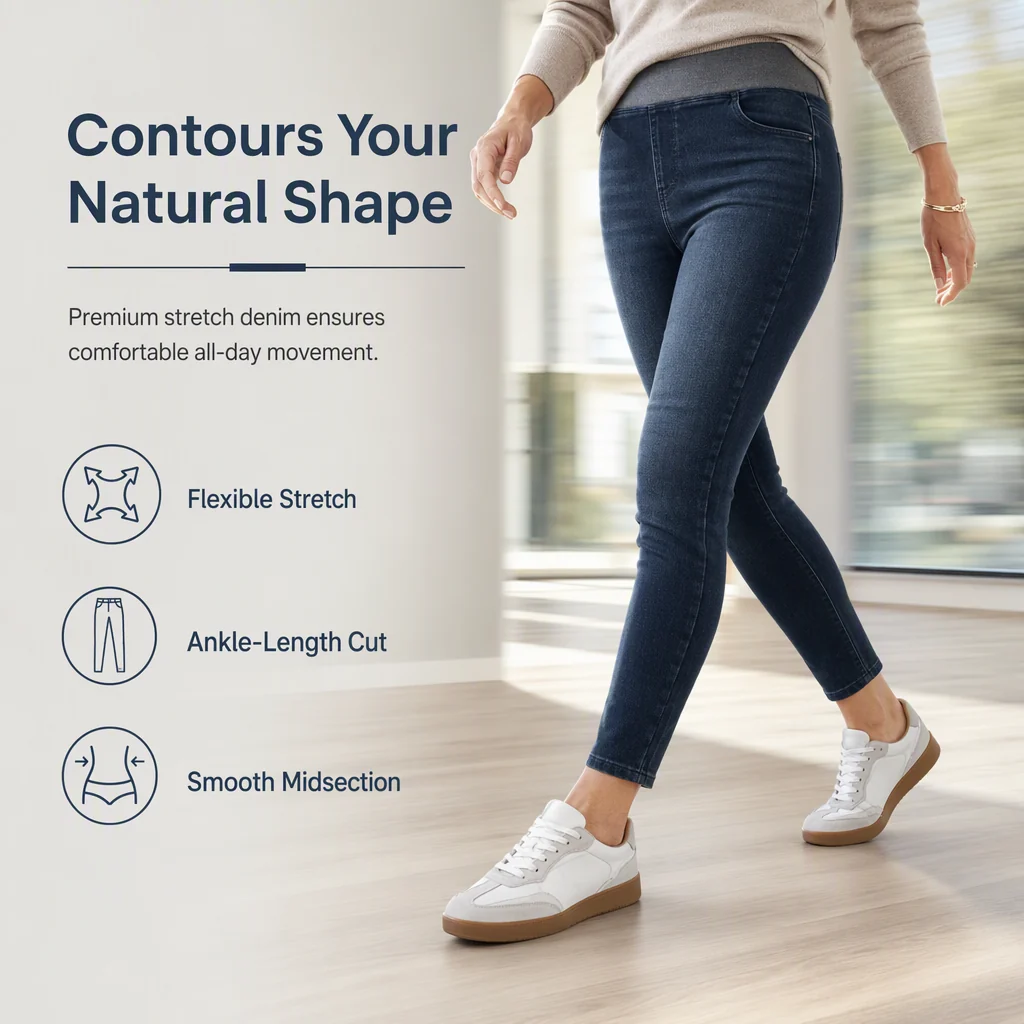 🤠Women's high-waisted jeans, stretchy, slim fit, dark blue, with wide elastic waistband