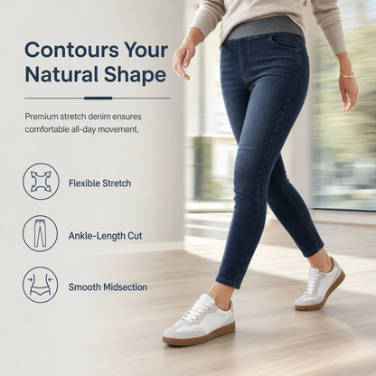 🤠Women's high-waisted jeans, stretchy, slim fit, dark blue, with wide elastic waistband