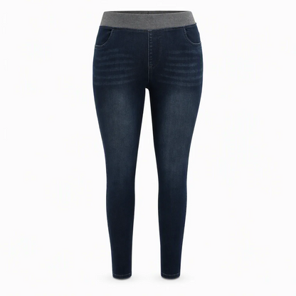 🤠Women's high-waisted jeans, stretchy, slim fit, dark blue, with wide elastic waistband