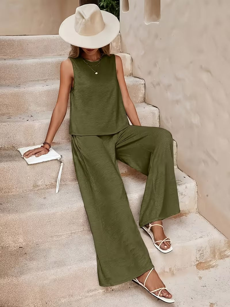 Women 2pcs Lounge Set, Crew Neck Sleeveless Tank Top Wide Leg Pants