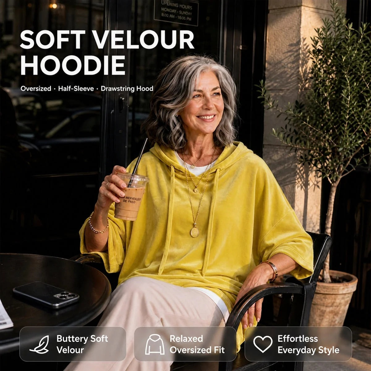 Women's Velour Oversized Hoodie 3/4 Sleeve