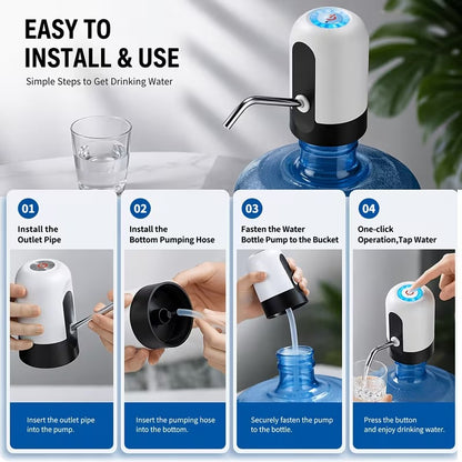 Portable Water Pump For 5 & 10 Gallon Bottles, USB Rechargeable Automatic Dispenser, One-Touch Easy Use, No Heavy Lifting