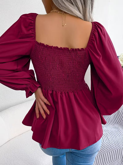 Casual Solid Color Square Neck Flared Sleeve Ruffle Hem