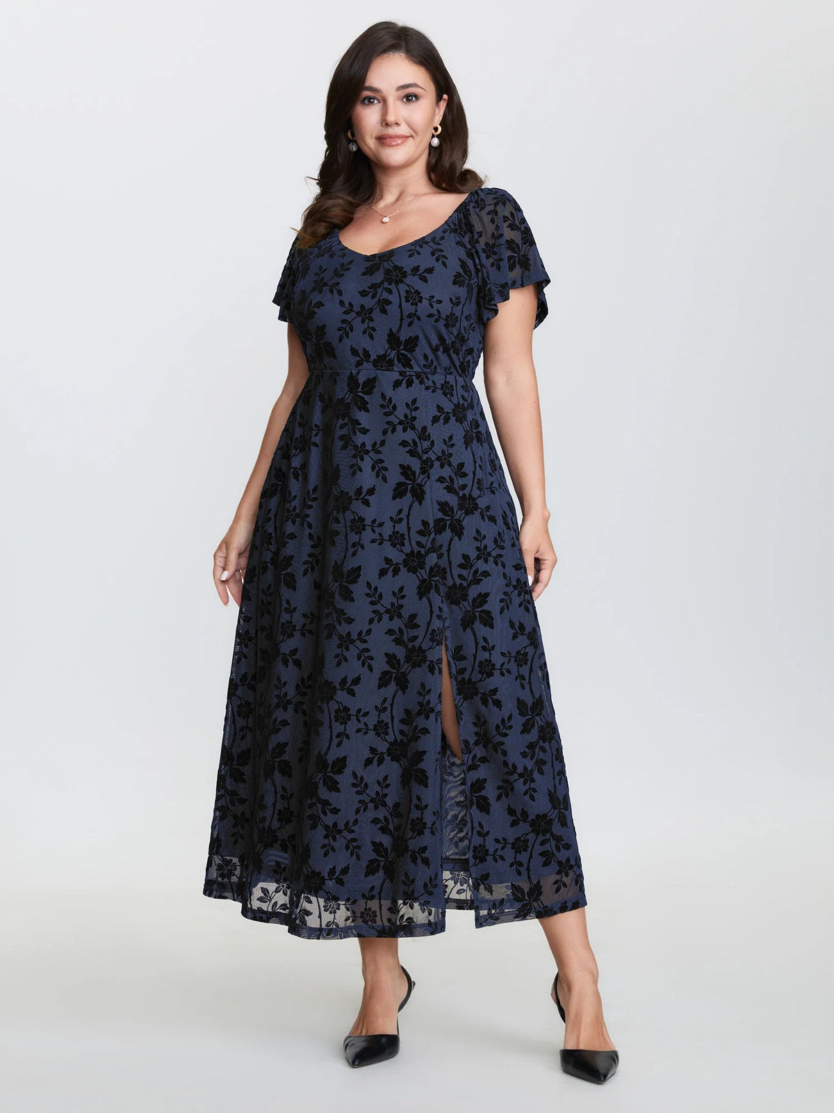 Floral Textured Jacquard Slit Hem Maxi Dress