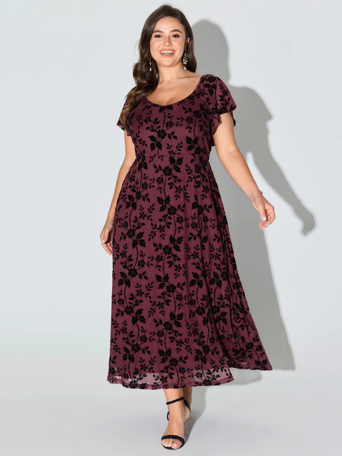 Floral Textured Jacquard Slit Hem Maxi Dress