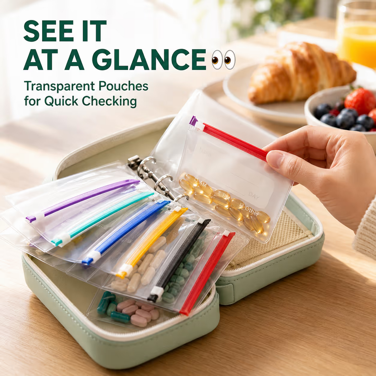 ✨2‑Week Pill Organizer Binder Case | 14 Reusable Color‑Coded Pill Pouch💊