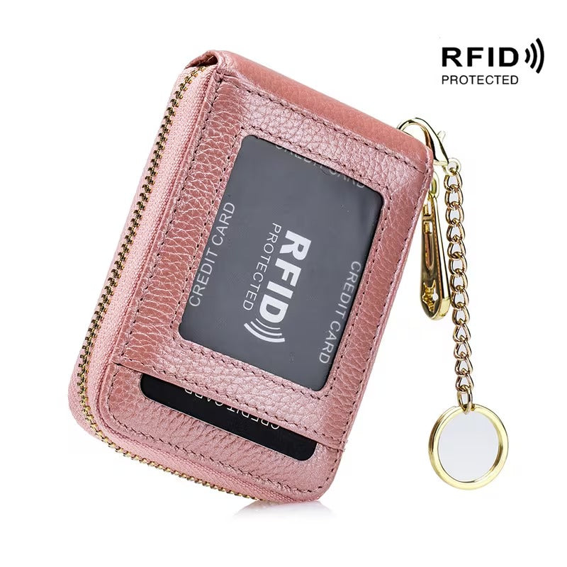 Women RFID Credit Card Holder Wallet, Keychain & ID Window Genuine Leather Zipper Card Case