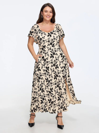 Floral Textured Jacquard Slit Hem Maxi Dress