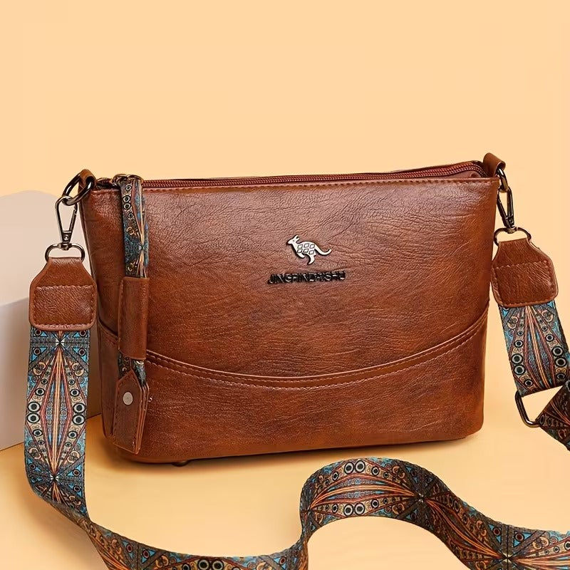 Vintage-Style Shoulder Bag with Bohemian Painted Strap and Hardware Accents