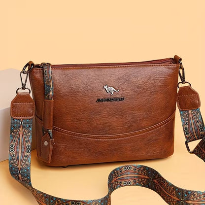 Vintage-Style Shoulder Bag with Bohemian Painted Strap and Hardware Accents