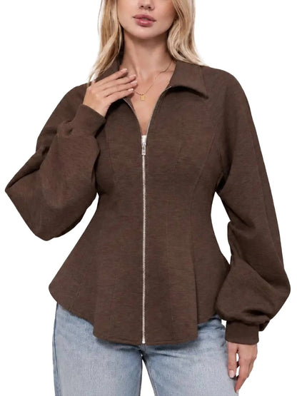 Women's Zip Up Ruched Sleeve Peplum Hem Jacket