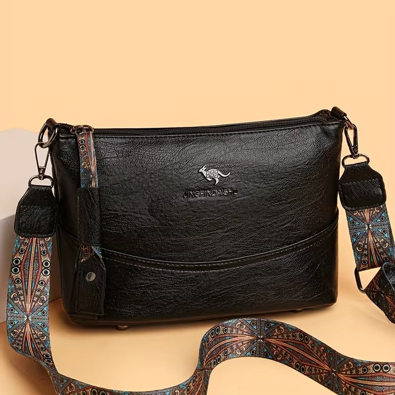 Vintage-Style Shoulder Bag with Bohemian Painted Strap and Hardware Accents