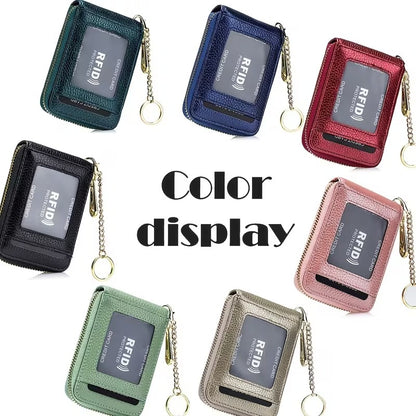 Women RFID Credit Card Holder Wallet, Keychain & ID Window Genuine Leather Zipper Card Case