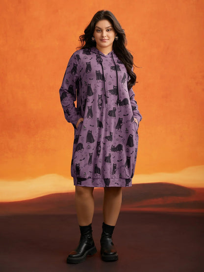 Pumpkin Cat Print Hooded Midi Lounge Dress