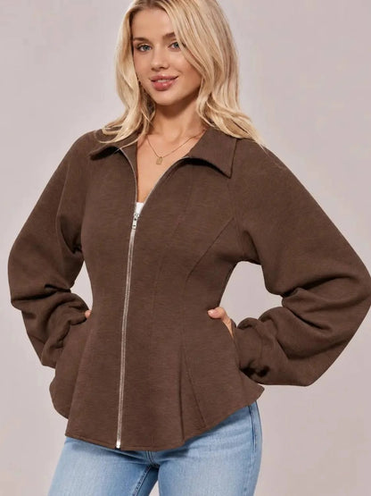 Women's Zip Up Ruched Sleeve Peplum Hem Jacket