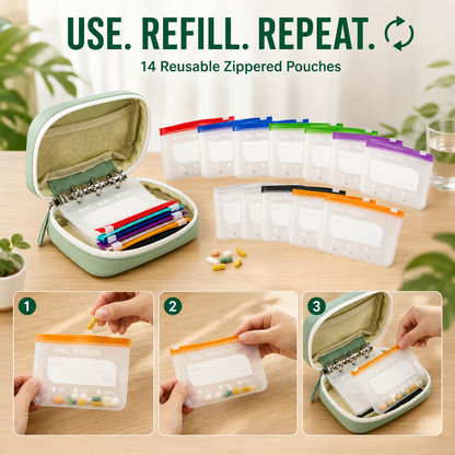 ✨2‑Week Pill Organizer Binder Case | 14 Reusable Color‑Coded Pill Pouch💊